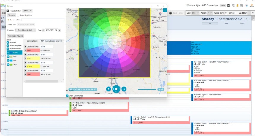 ActionFlow job screen — a Windows desktop window (v4.1) with stacked data grids for a job, its area list and its actions