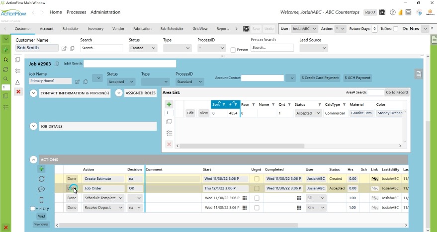ActionFlow scheduler — a Windows desktop window (v4.1) showing a route map and a dense daily schedule grid