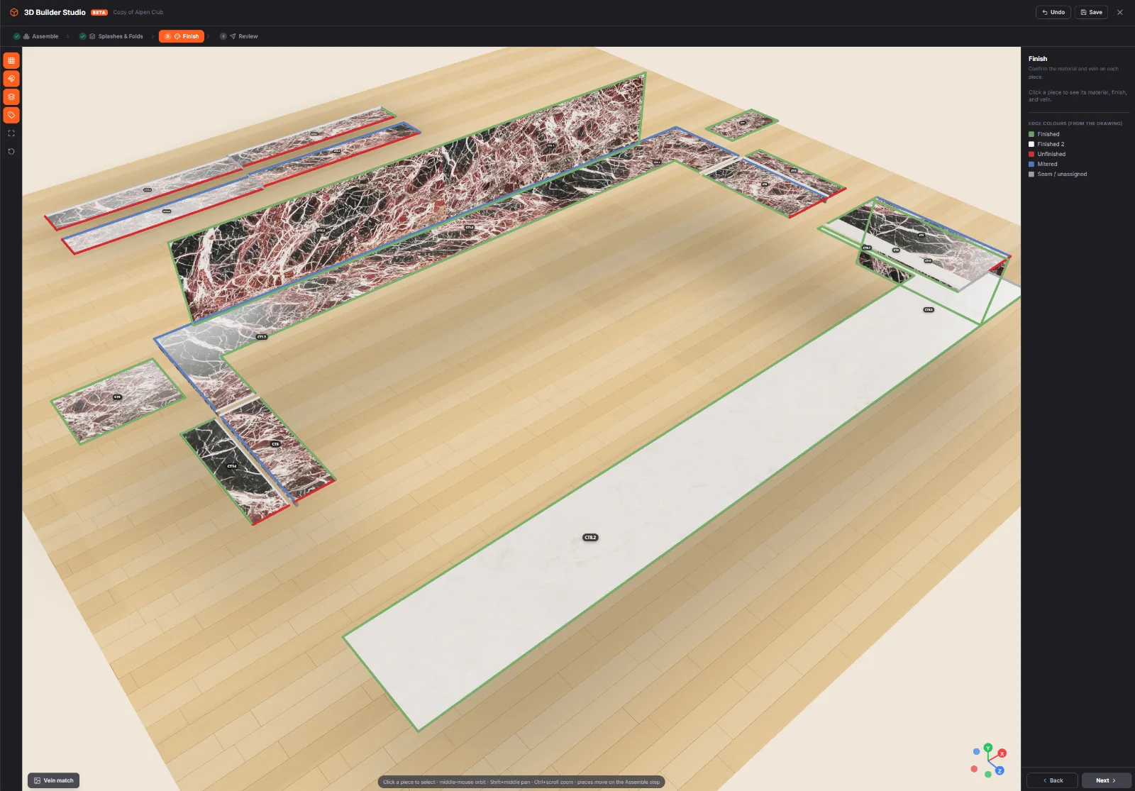 SlabOS — a countertop job laid out in a live 2D/3D view
