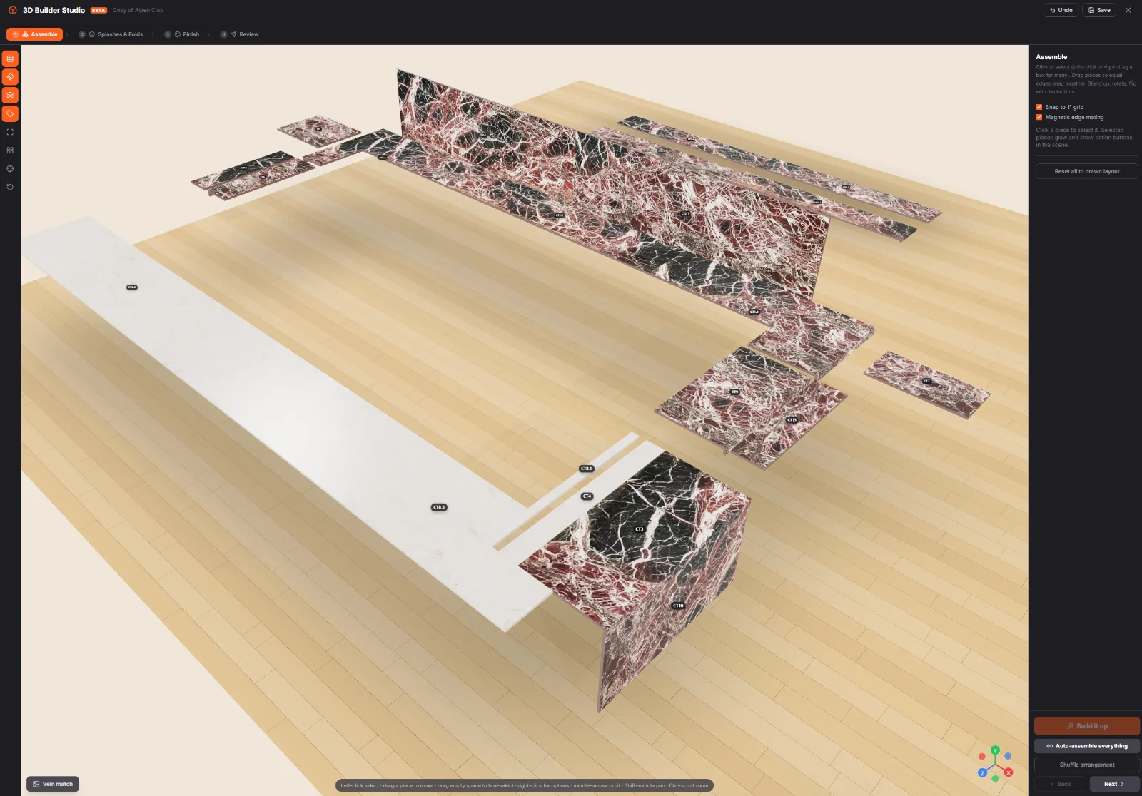 SlabOS 3D nesting builder — marble countertop pieces laid out and assembled on slabs to maximize yield and cut waste