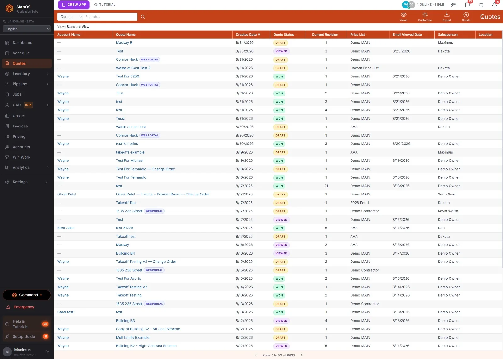 The SlabOS quote list — account, quote name, created date, status, revision, price list and salesperson, all sortable