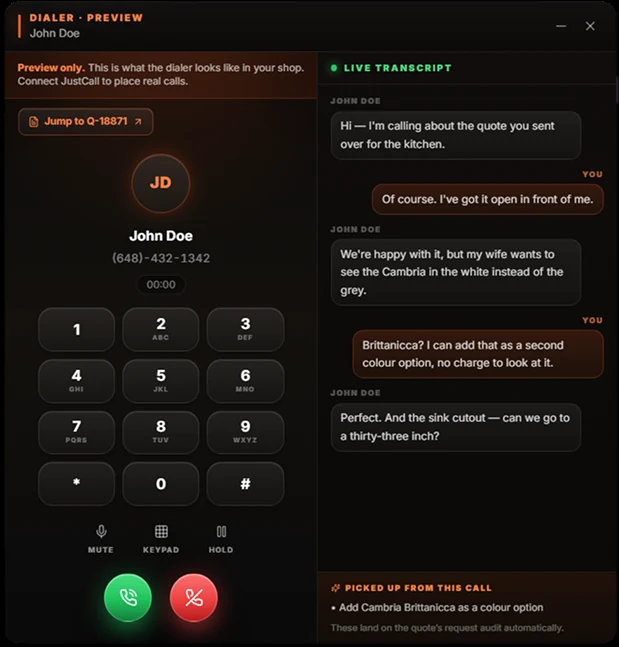 The SlabOS dialer: a keypad on the left calling John Doe, a live transcript on the right where the customer asks for Cambria in white and a 33-inch sink cutout, a &lsquo;Picked up from this call&rsquo; summary underneath, and a Jump to Q-18871 button linking back to the quote.