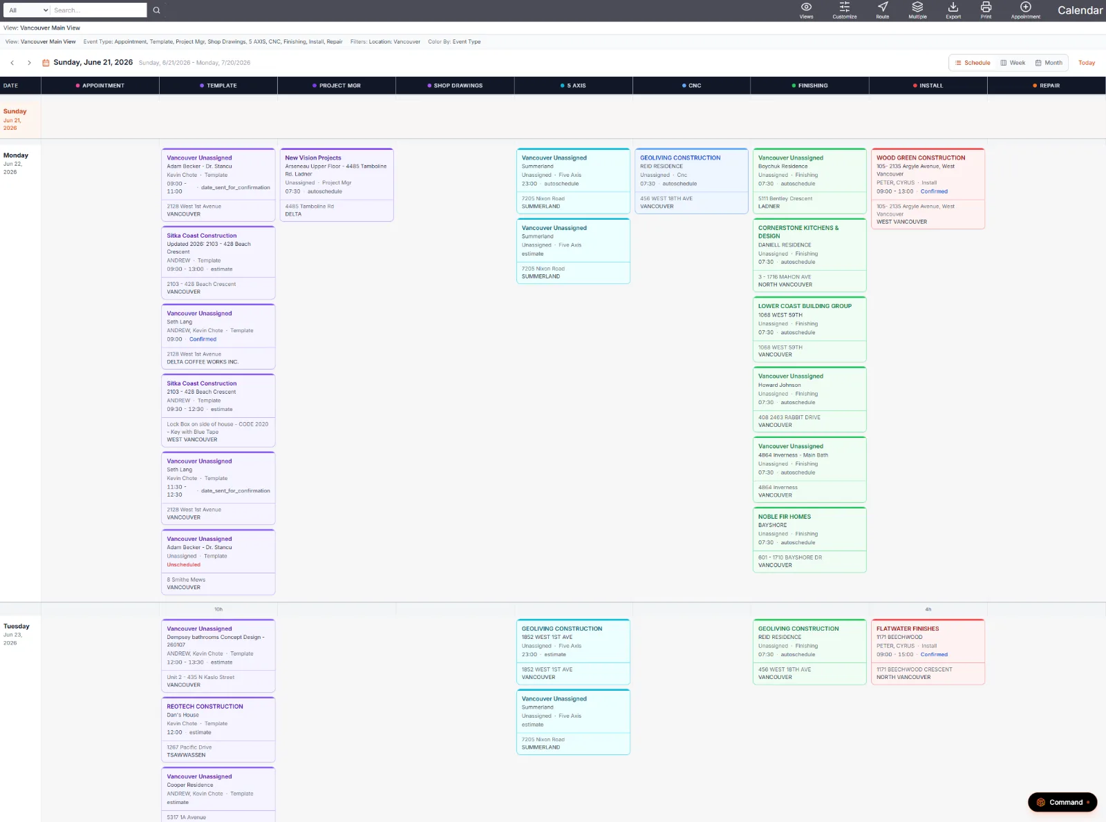 SlabOS schedule — a clean, colour-coded calendar of jobs by stage