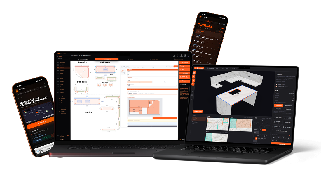 SlabOS running on laptop and mobile — quoting, live 3D, schedule, and the crew app, all in one platform