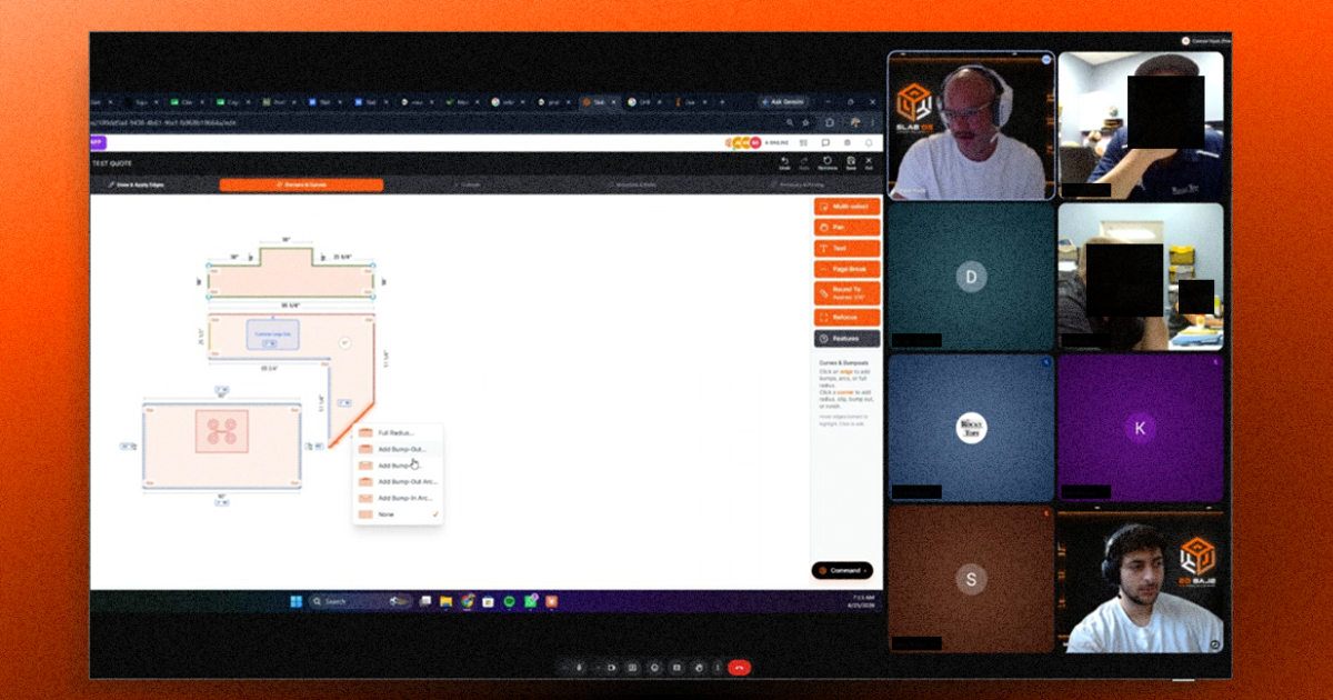 A live SlabOS onboarding session — the drawing engine on screen with the shop's team on a video call.